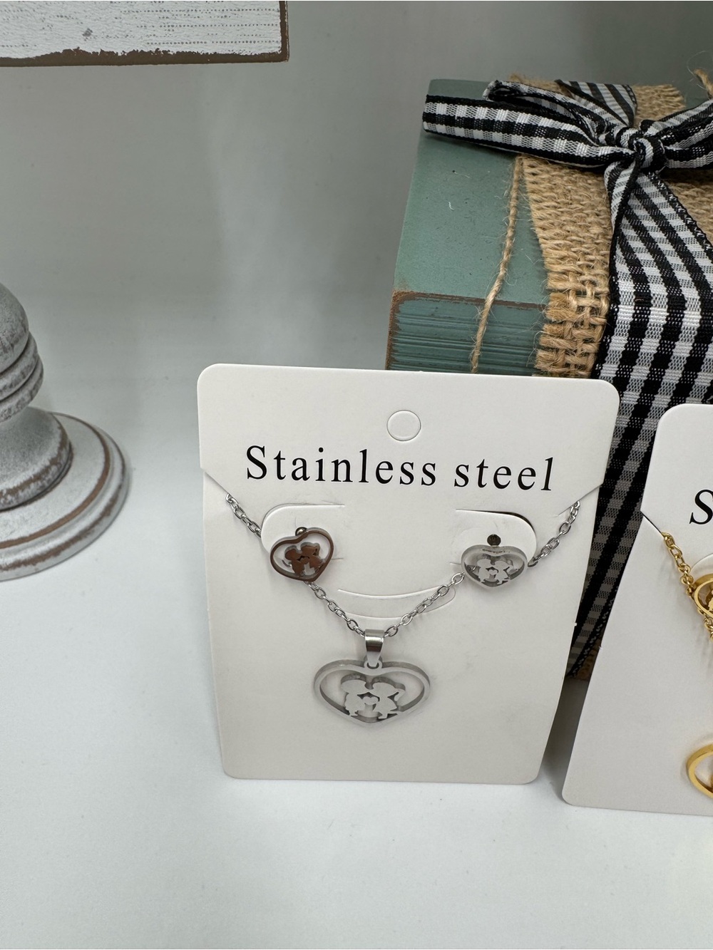 Sweetheart Boy/Girl Earring and Necklace Set - Silver or Gold - Stainless Steel - Picture 5 of 7